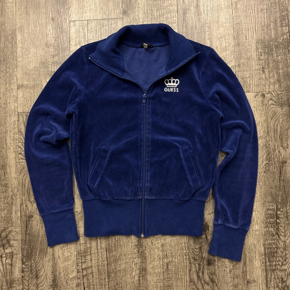 Guess Blue Velour Zip Jacket Sz M